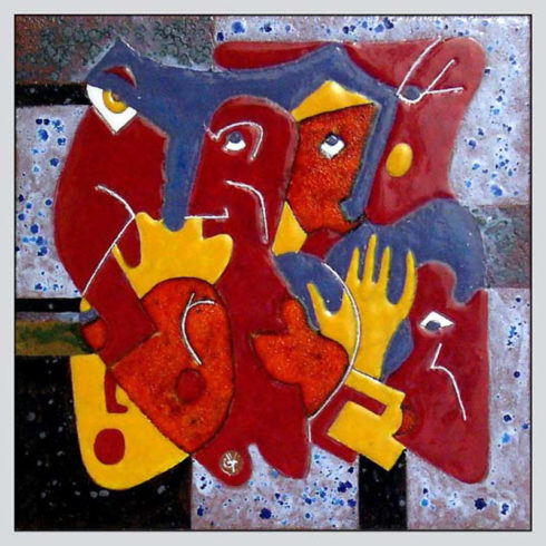 Aufruhr Glasurenmalerei auf Terrakottaplatte, 2005, 30 x 30 cm