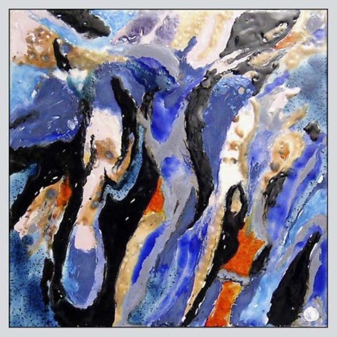 Suche nach einem Symbol II Glasurenmalerei auf Terrakottaplatte, 2005, 33 x 33 cm