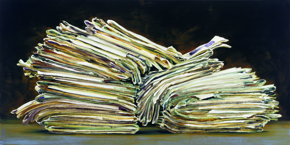 Cornelius Völker, Zeitungsstapel, 2016, Öl auf Leinwand, 110x220 cm Foto: Christoph Münstermann, Düsseldorf © Cornelius Völker, 2016 VG Bild-Kunst Bonn