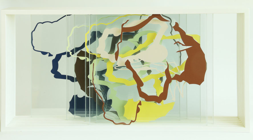 Verschiebbare Raumschichtung, 2015, Karton, Glas, Holz, 65 x 124,5 x 20 cm
