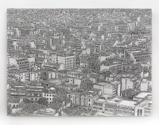 Athen, 2011, Wellpappenrelief, mit Gesso bemalt, Grafit, Permanentmarker, 220 x 300 x 25 cm © VG Bild-Kunst, Bonn 2018/ Martin Spengler, Foto: Martin Spengler