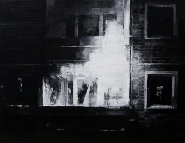Schwarz auf Weiß – Rostock-Lichtenhagen, 24. August 1992 (I)“, 2014, Öl auf Nessel, 40 x 50 cm
