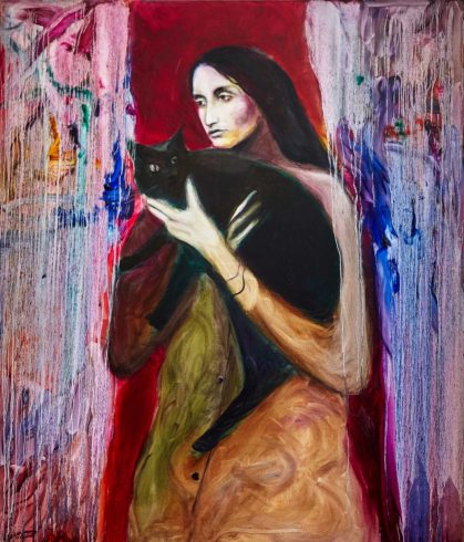 Joan Baez mit schwarzer Katze, 2019, Öl auf Leinwand, 140 x 120 cm, © Yury Kharchenko, Foto: Daniel Cati
