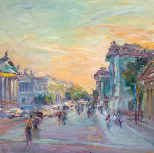 Unter den Linden, abends, 2018, Öl auf Leinwand, 100 x 100 cm © VG Bild-Kunst, Bonn 2020/ André Krigar, Foto: André Krigar