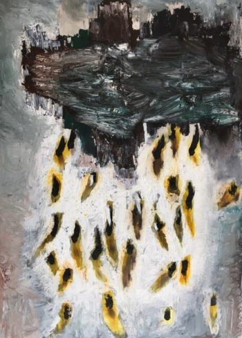 Katarakt, 2020, Ölkreide und Feuer auf Bütten und Holz, 107 x 76 cm VG Bild-Kunst, Bonn 2020/ Horst Thürheimer, Foto: Horst Thürheimer
