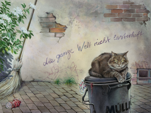 Die ganze Welt riecht lasterhaft, 2012, Aquarell und Buntstift auf Aquarellkarton, 35 x 25 cm, aus: Reinhard Michl: „Schnurren und Kratzen – Geschichten von Katzen“, © Carl Hanser Verlag GmbH & Co. KG München
