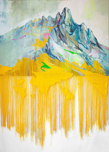 Auf die Berge will ich steigen, 2020, Mischtechnik und Stickerei auf Baumwolle, 85 x 125 cm © VG Bild-Kunst, Bonn 2021/ Meike Lohmann, Foto: Tobias Ziegler.