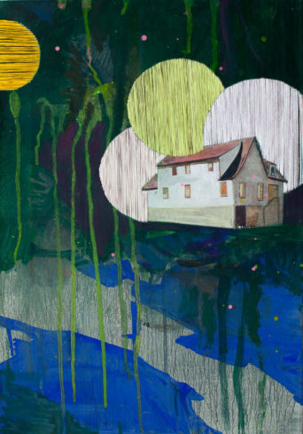 Forellenhof, 2019, Mixed Media und Stickerei auf Baumwolle, 50 x 35 cm © VG Bild-Kunst, Bonn 2021/ Meike Lohmann, Foto: Tobias Ziegler.