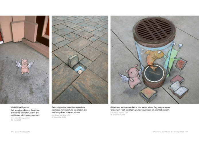 Abbildungen aus dem Innenteil des Buches David Zinn, Street Art, Penguin Random House Verlagsgruppe.