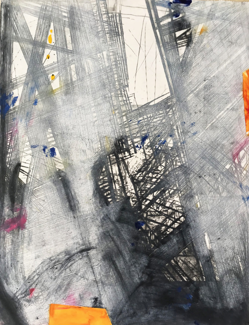 Fire Escape III, Variation Grau, 2020,. Kaltnadel, Winkelschleifer, Öl, 89,5 x 69,5 cm VG Bild-Kunst, Bonn 2022 / Alfonso Mannella, Foto: Alfonso Mannella