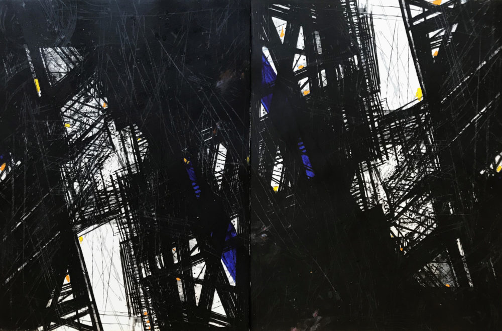 Kopplung Fire Escape IV, 2020, Kaltnadel / Winkelschleifer / Öl, 89 x 138 cm VG Bild-Kunst, Bonn 2022 / Alfonso Mannella, Foto: Alfonso Mannella