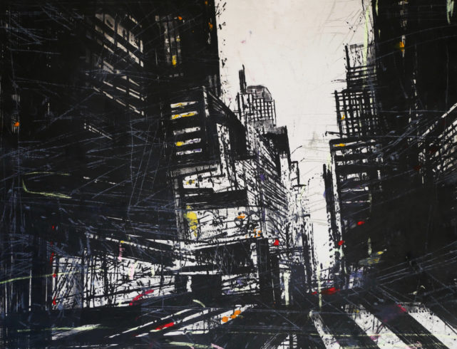 Street Canyon ( NY_Schlucht), 2020, Variation, Kaltnadel, Winkelschleifer, Öl, 69,5 x 89,5 cm VG Bild-Kunst, Bonn 2022 / Alfonso Mannella, Foto: Alfonso Mannella