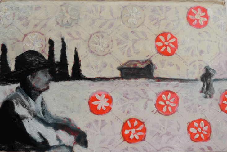 Inselbücherei Herman, 2013, Öl auf Buchrückseiten, 12x18,5 cm. Foto: Heike Müller