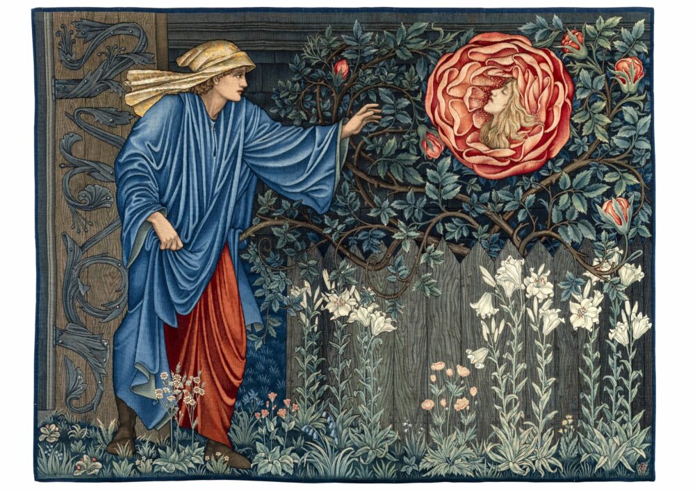 Sir Edward Burne-Jones und William Morris Wirkteppich Der Pilger im Garten Entwurf: London, vor 1896, Ausführung: Merton Abbey, London, 1901, Unikat, Wolle, Baumwollkette, Seide, gewirkt, gestickt, Badisches Landesmuseum © Badisches Landesmuseum, Foto: Hannes De- ters